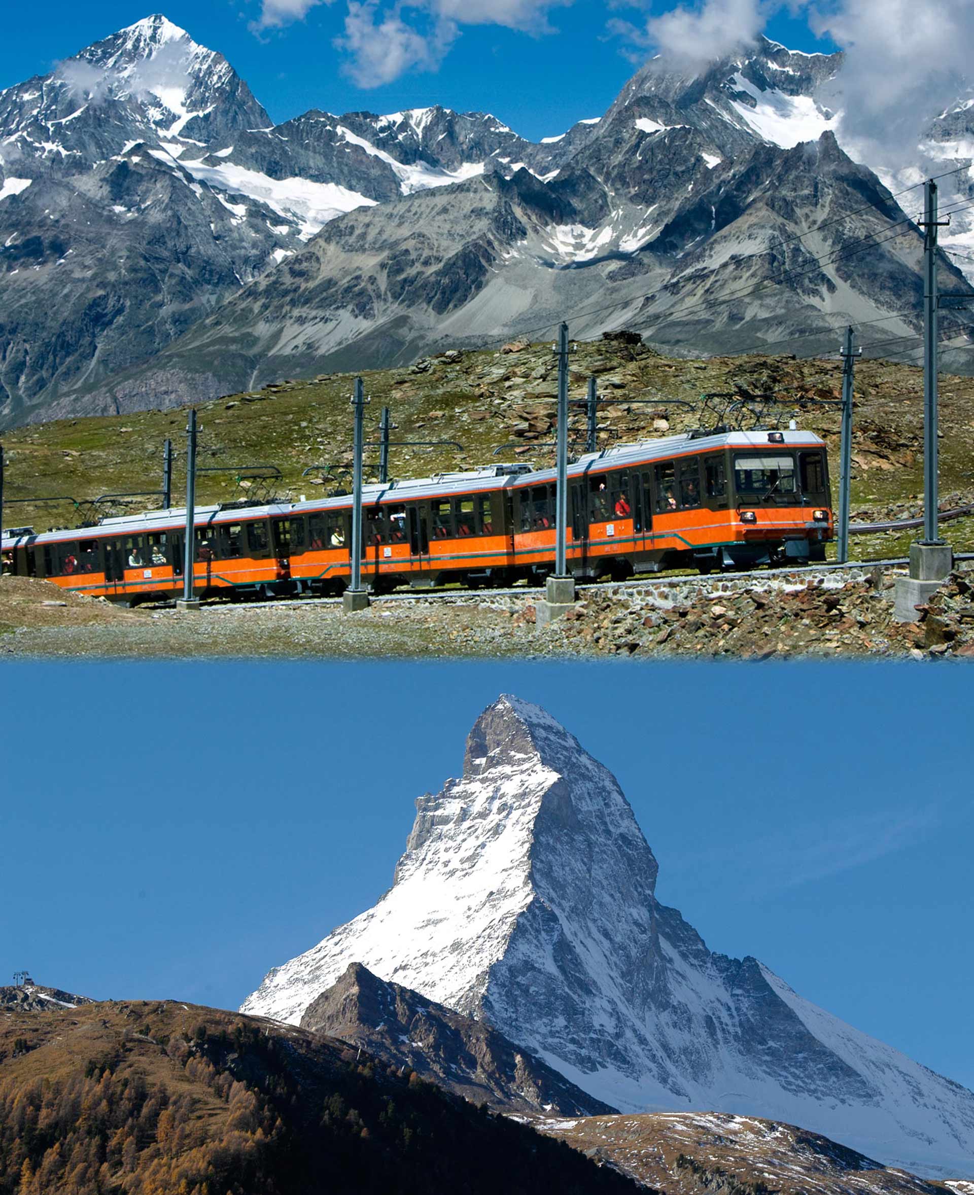 Le Gornergrat Bahn conduit du centre du village de Zermatt au Gornergrat (3'089 m) en 33 minutes. Ici s'ouvre l'un des plus beaux panoramas alpins du monde, avec vue sur le Cervin (4'478 m).